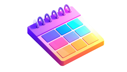 A vibrant, isometric 3D render of a pastel-colored desk calendar with a spiral binding, featuring a grid of colorful daily blocks