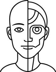 human face half robot half organic line art