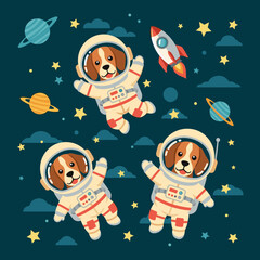 Happy beagle astronauts exploring the universe among stars planets and a rocket Space adventure concept