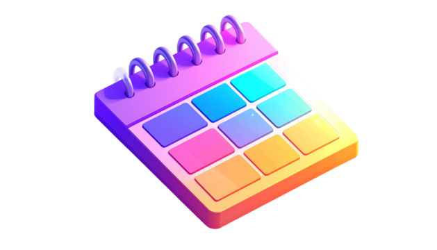 A vibrant, isometric 3D render of a pastel-colored desk calendar with a spiral binding, featuring a grid of colorful daily blocks