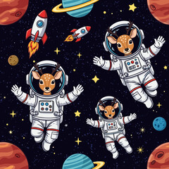 Cute cartoon deer astronauts float in space with rockets planets and stars for kids adventure