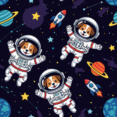 Cute cartoon dogs in astronaut suits exploring the galaxy with planets and rockets Fun space adventure