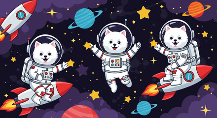 Playful astronaut dogs flying on rockets through starry cosmos Cute animal space exploration