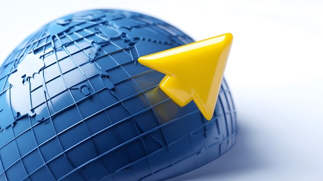 Yellow arrow emerging from blue globe symbolizing global growth and progress
