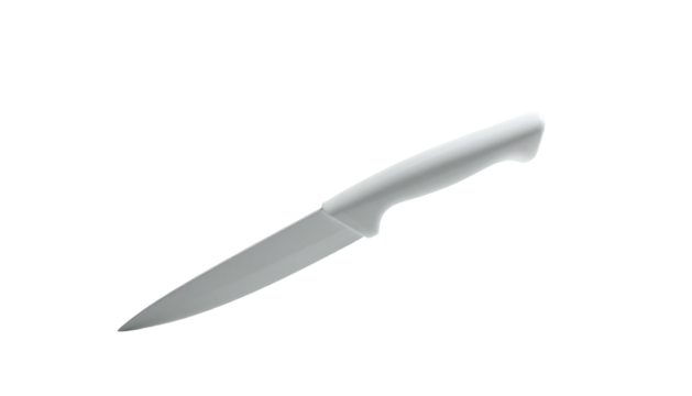 Sleek, silver chef's knife with a subtly curved, ergonomic handle, angled for comfortable grip and precise cutting