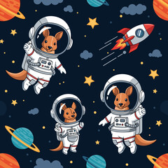 Cute astronaut kangaroos exploring outer space with planets and a rocket Fun childrens design