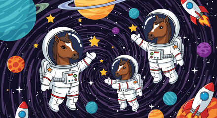 Whimsical cartoon horses in astronaut suits exploring outer space with planets stars and rockets