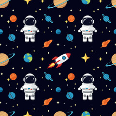 Seamless space pattern with cute cartoon astronauts planets stars and rocket Kids adventure