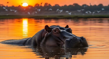Fototapeta premium Hippopotamus emerges from water at sunset in African savanna.