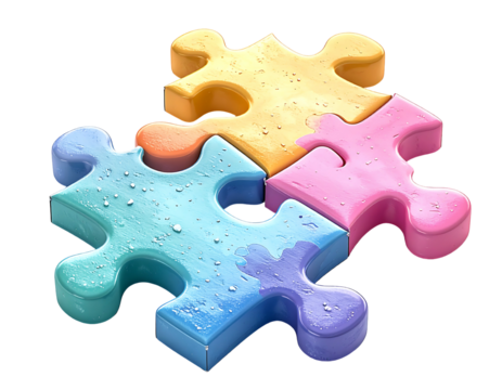 Three pastel-colored puzzle pieces, slightly wet, interlocked, showcasing a 3D, glossy texture.  They are light blue, peach, and pink