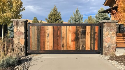 Rustic sliding gate design with reclaimed wood, iron accents, and compact construction
