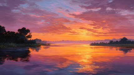 Obraz premium Stunning landscape showcases a vibrant sunset over calm water with reflecting colors and distant trees