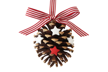 A charming handmade Christmas pine cone ornament, adorned with red and white star embellishments and a festive red and white striped ribbon. Isolated on transparent background, cutout	