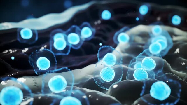 Stomach lining healing under probiotic influence, glowing bacteria creating radiant blue shields of protection