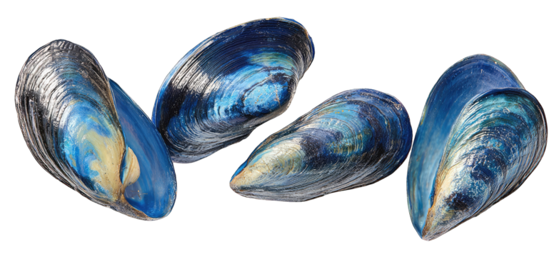 Vibrant blue mussel shells arranged in a group