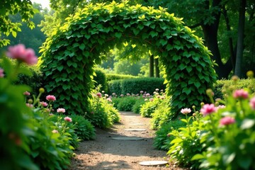 Winding green archway, lush foliage, English garden , arch, romantic