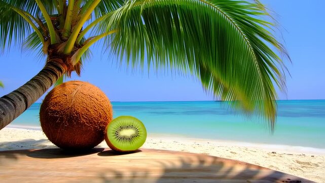 Tropical beach paradise with coconut and kiwi fruit under palm trees