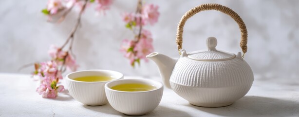The elegant teapot set with green tea near blooming cherry blossoms.