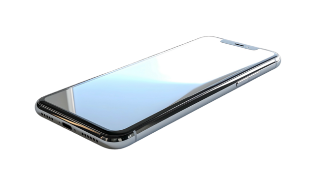 Sleek silver smartphone, angled, showcasing a bright, reflective screen and thin bezels