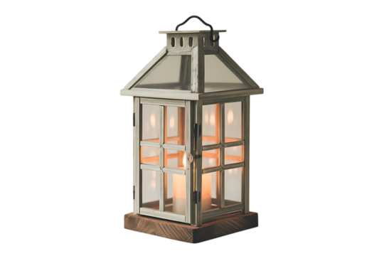 Elegant Rustic Wooden Lantern with LED Candles, Perfect for Indoor or Outdoor Decoration. Isolated on transparent background, cutout	