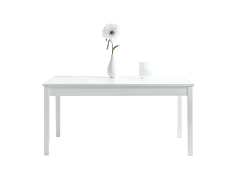 A simple white rectangular coffee table with a vase of white flowers and a small white object on its surface, set against a black background
