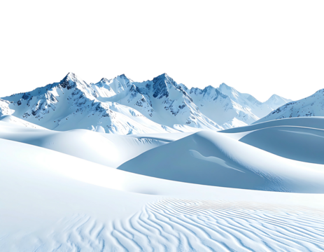 Panoramic view of snow-covered mountains and undulating, textured plains under a bright, clear sky.  The scene evokes a sense of vastness and serenity