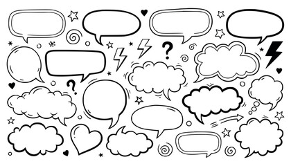 Fototapeta premium Vector art of collection of handdrawn speech bubbles and thought clouds in various shapes and sizes, isolated on a, perfect for comic strips and design elements