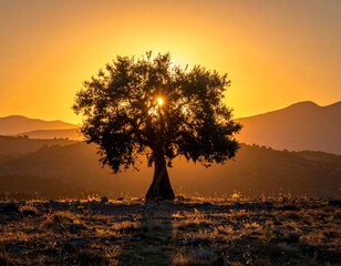 Silhouette of an olive tree at sunset over hills