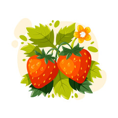 Bright vector strawberries with leaves and flower. Cartoon garden berries for food design, summer harvest and healthy lifestyle illustration.