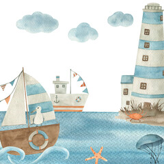 Watercolor print with ship, wave, lighthouse. Hand drawn illustration on white background