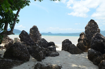 Rock Shore with Blue Sky and Ocean Landscape