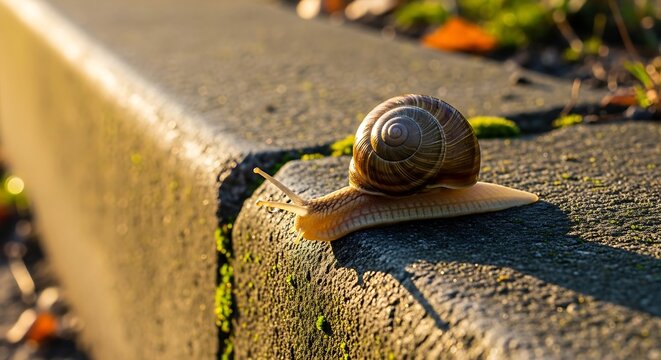 Garden snail crawling on a concrete curb in golden sunlight.