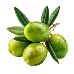 Obraz premium Fresh green olives with vibrant leaves exuding a Mediterranean vibe perfect for food and cooking themes isolated on transparent background.png
