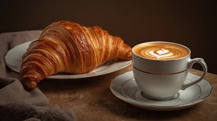 A delectable croissant and a latte art coffee cup sit on a table, showcasing a delicious breakfast scene.