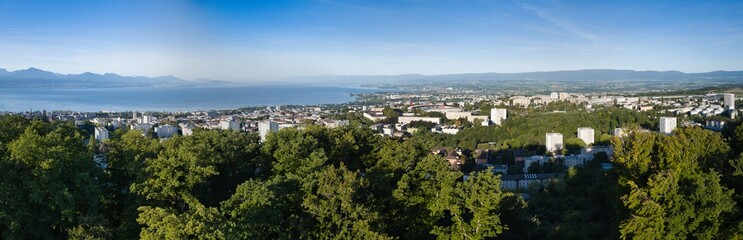 large panorama in Switzerland from Lake Geneva in Lausanne
