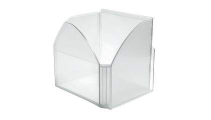 Transparent, angular, three-sided container with curved edges, suitable for small items, possibly cards or desk accessories; appears lightweight and modern