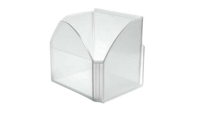 Transparent, angular, three-sided container with curved edges, suitable for small items, possibly cards or desk accessories; appears lightweight and modern