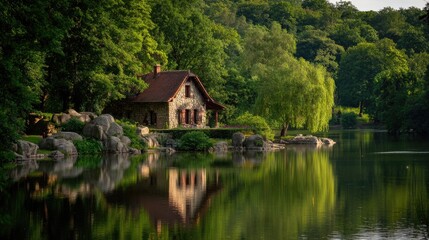 Obraz premium Idyllic Waterfront Cottage Surrounded by Lush Green Trees and Tranquil Reflections on Calm Lake at Golden Hour