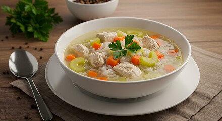 A bowl of light,healthy chicken,rice soup with carrots and celery garnished with fresh parsley.The scene has a comforting,homey feel with warm light.