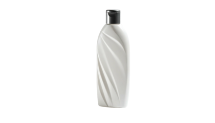 White plastic bottle with a sleek, swirling design, capped with a dark grey screw top, standing against a black background