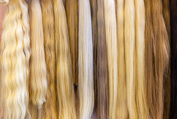 Multiple strands of natural blonde and light brown human hair extensions, arranged in row to show different shades and textures. Women wigs for use in fashion, hairdressing, hair care, salon designes
