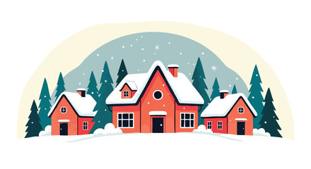 Charming winter village scene with cozy homes and snowy trees, perfect for holiday greetings and seasonal designs with a touch of festive joy