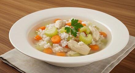 A bowl of light,healthy chicken,rice soup with carrots and celery garnished with fresh parsley.The scene has a comforting,homey feel with warm light.
