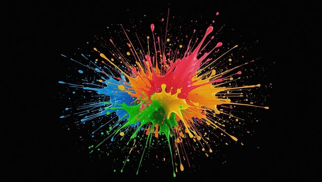 Vibrant explosion of colorful paint splashes against a striking black backdrop.