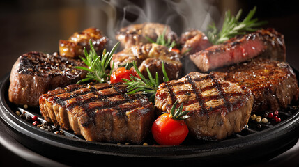 Grilled steak with vegetables on hot pan