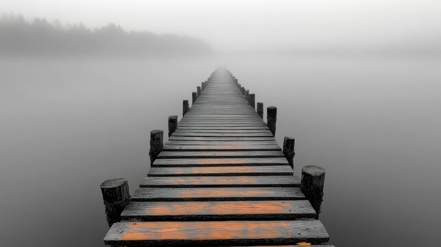 Serene Long Wooden Pier Extending into a Misty Lake at Dawn, Reflecting Fog and Tranquil Waters - Powered by Adobe
