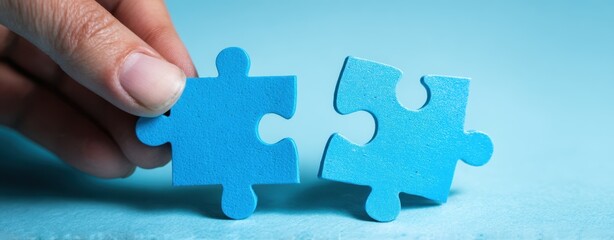 The hand connecting two blue puzzle pieces on a serene background.