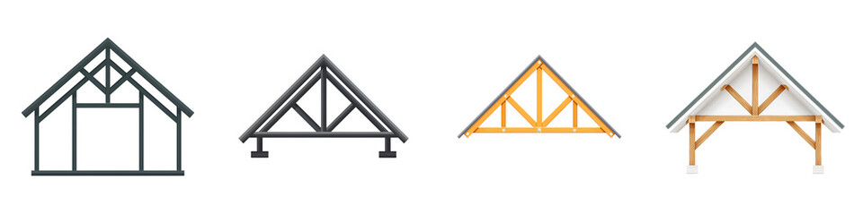 Architectural roof truss designs, framework structural support for construction, vector engineering technical drawings on white background.