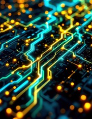 Fototapeta premium Intricate circuit board design with vibrant turquoise and gold glowing pathways, creating a futuristic and technological aesthetic.