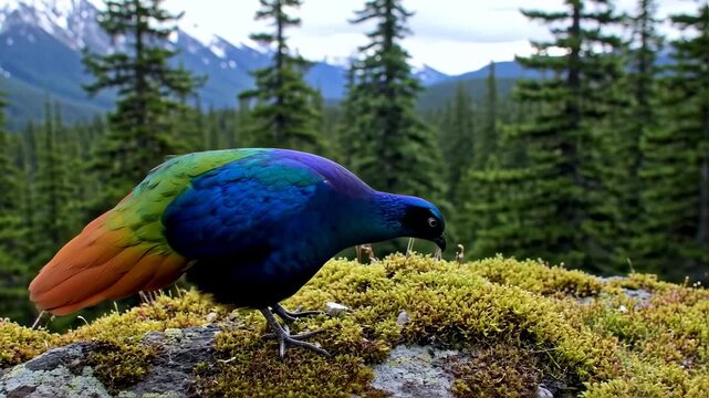 Himalayan Monal Bird in Natural Habitat with Forest and Mountain Backdrop